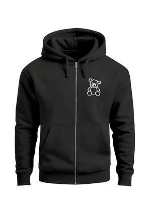 Black zip-up hoodie made of cotton blend, featuring a white geometric bear graphic on the left chest and front pockets.