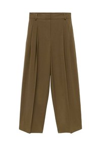 Pantalons plissés marron avec taille haute, jambes larges et texture de tissu douce, conçus avec quatre passants de ceinture et un devant épuré.
