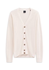 Cremfarbener Cardigan mit V-Ausschnitt, gerippter Textur, vorderem Knopfverschluss mit braunen Knöpfen und langen Ärmeln.