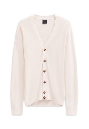 Cremfarbener Cardigan mit V-Ausschnitt, gerippter Textur, vorderem Knopfverschluss mit braunen Knöpfen und langen Ärmeln.