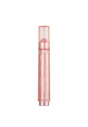 Schlanke, rosa zylindrische Tube mit der Aufschrift „Mediacube Collagen Glow Booster Serum“ mit klarem Deckel und metallischer Basis, 15 ml Volumen.
