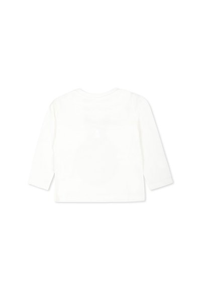 Biała bawełniana koszulka z długim rękawem, okrągłym dekoltem i prostym krojem. Tył jest gładki, bez grafik i ozdobników.