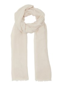 Lichtbeige sjaal gemaakt van zachte, lichte stof. Heeft een licht gekreukt texture en rauwe randen voor een casual uitstraling.