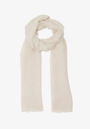 Lichtbeige sjaal gemaakt van zachte, lichte stof. Heeft een licht gekreukt texture en rauwe randen voor een casual uitstraling.