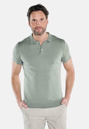 Short-sleeve polo shirt in light green cotton blend, featuring a ribbed collar, two-button placket, and a fitted design.
