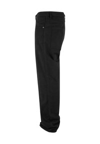 Pantalon noir à jambe droite en tissu coton, avec une fermeture éclair, des poches latérales et une poche arrière simple. Design minimaliste avec des lignes épurées.