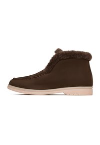 Bottines marron avec une doublure en fausse fourrure douce, un matériau supérieur lisse, un bout rond et une semelle en caoutchouc beige clair.