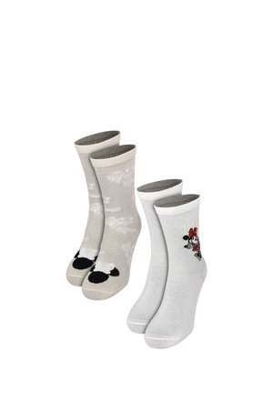 Two pairs of ankle socks, one beige with black-and-white mouse ears pattern, the other white with small cartoon mouse wearing a red bow.