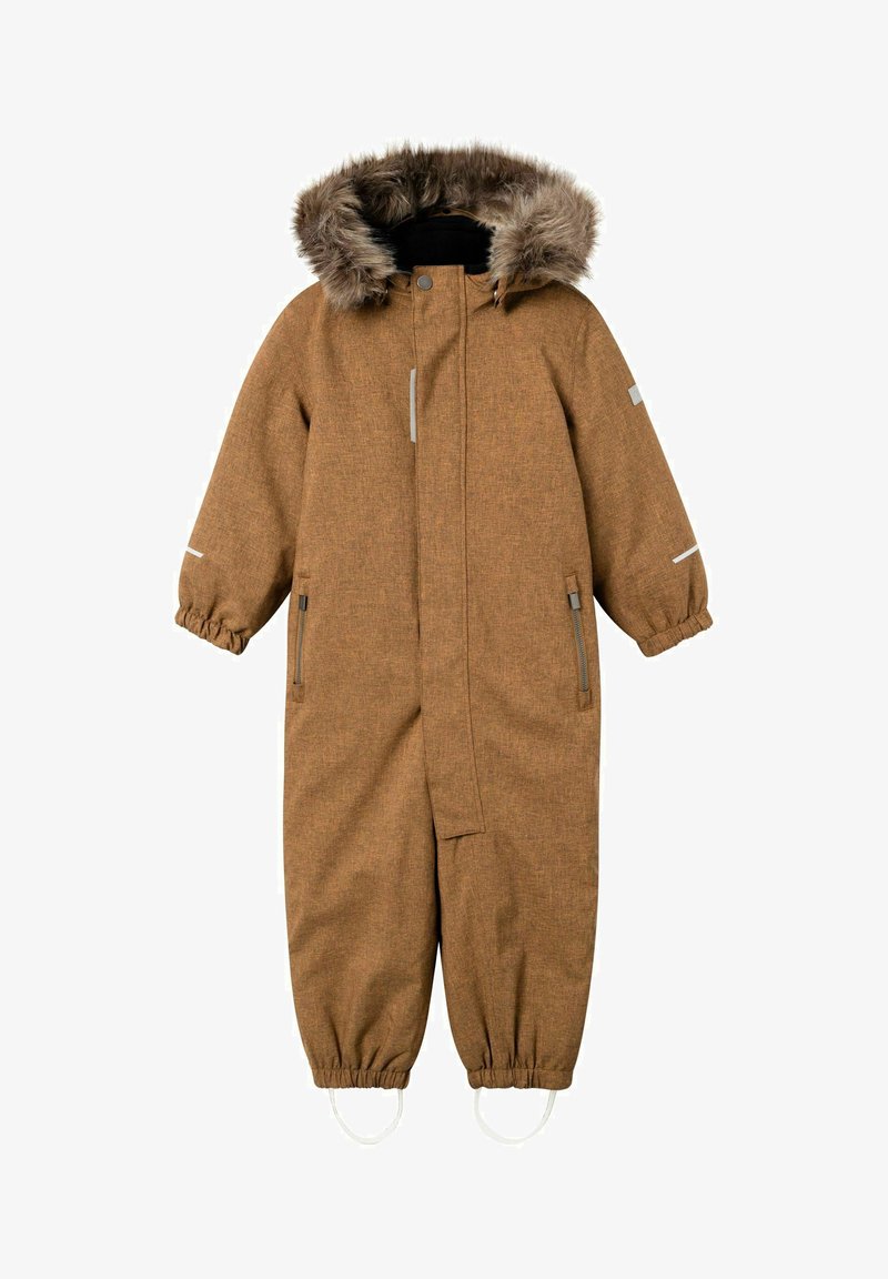 Brown insulated snowsuit with faux fur hood, zippered pockets, elastic cuffs, and adjustable foot straps. Textured fabric with subtle pattern.