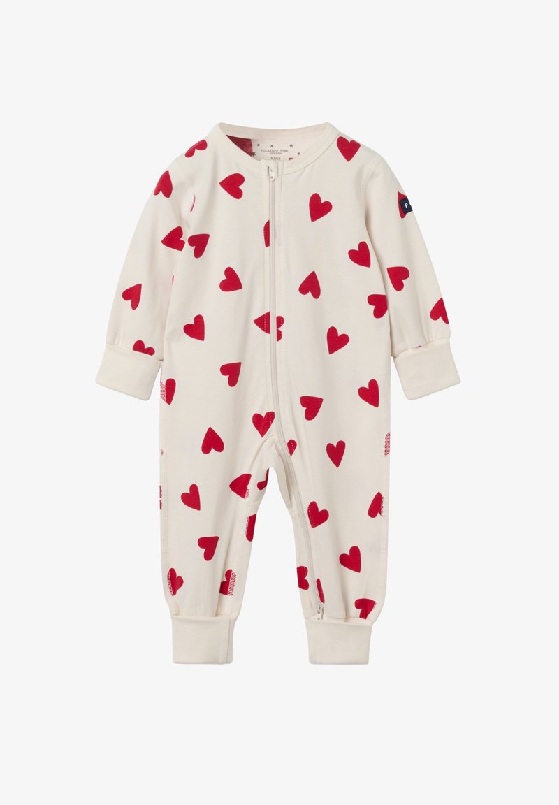 Cremfarbener Einteiler mit einem Frontreißverschluss, ausgestattet mit einem Muster aus roten Herzen, gerippten Bündchen und einem runden Halsausschnitt. Weiches Gewebe.