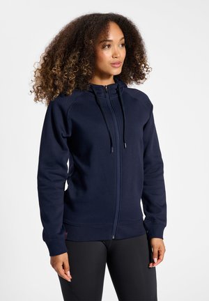 Marinefarbener Zip-Hoodie mit hohem Kragen, Kapuze mit Kordelzug und gerippten Bündchen. Weicher Stoff, ausgestattet mit Kängurutaschen und Kontrastnähten.