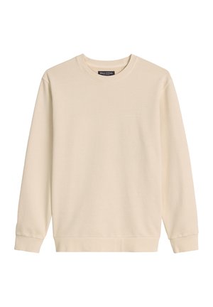 Sweatshirt beige à manches longues avec col rond, poignets et ourlet côtelés, présentant un petit logo brodé sur la poitrine gauche.