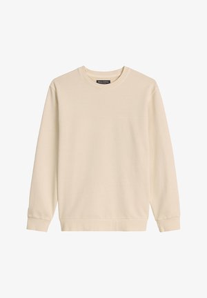 Beige sweatshirt met lange mouwen en ronde hals, voorzien van geribbelde manchetten en zoom, met een klein geborduurd logo op de linkerborst.
