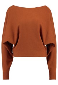 Gekürzter Pullover in verbranntem Orange mit weitem Ausschnitt, lockerem Schnitt, langen Ärmeln und gerippten Bündchen. Hergestellt aus weichem Strickmaterial.