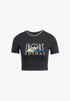 Zwarte cropped t-shirt met korte mouwen, voorzien van een witte geribbelde halslijn en een kleurrijke "ADIDAS" logo graphic op de voorkant.