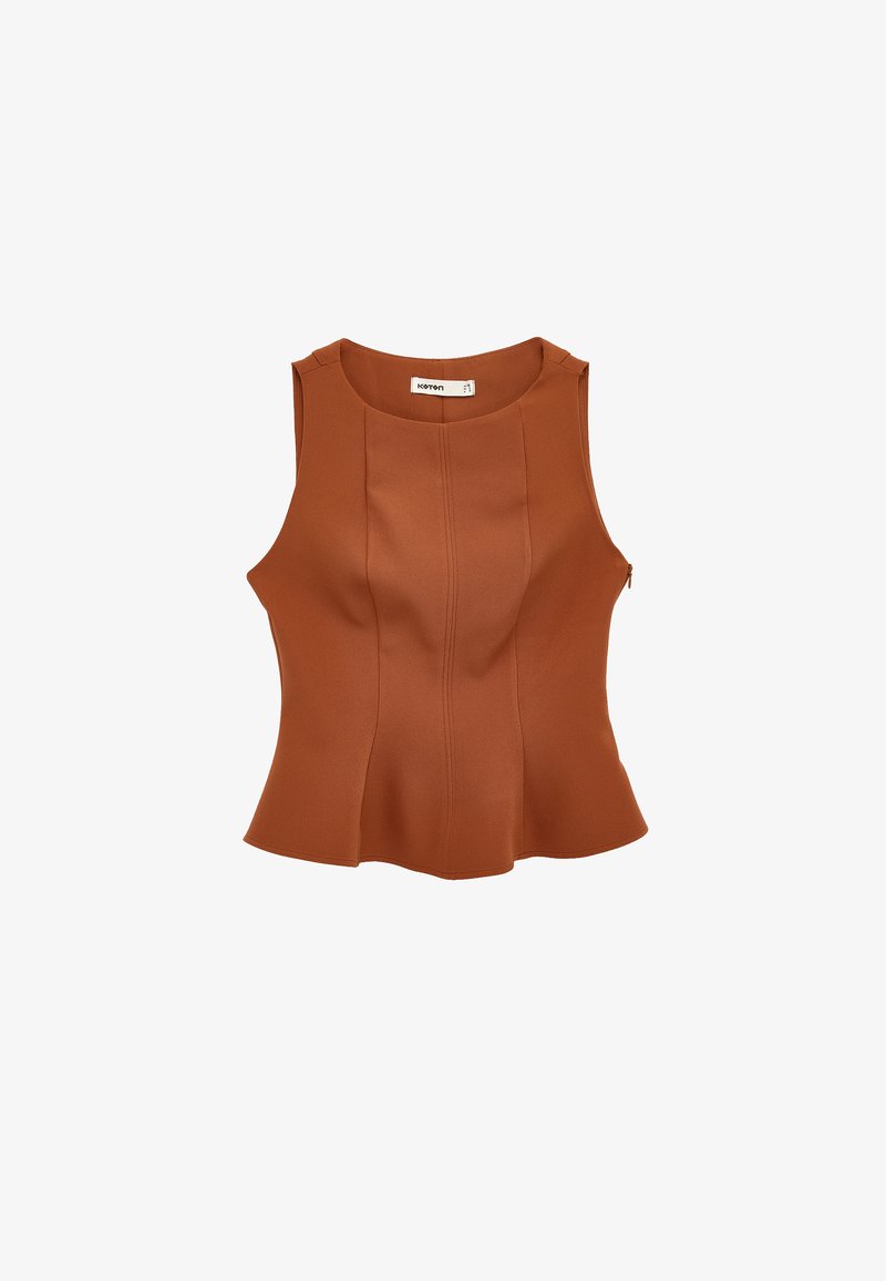Bluzka typu peplum w kolorze rdzawym. Bez rękawów, z okrągłym dekoltem i subtelnymi przeszyciami. Rozkloszowany dół nadaje sylwetce kształt.