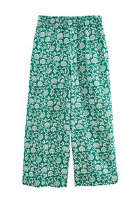 Pantalons larges turquoise avec motif floral blanc, taille élastique, tissu léger et coupe à mi-mollet.