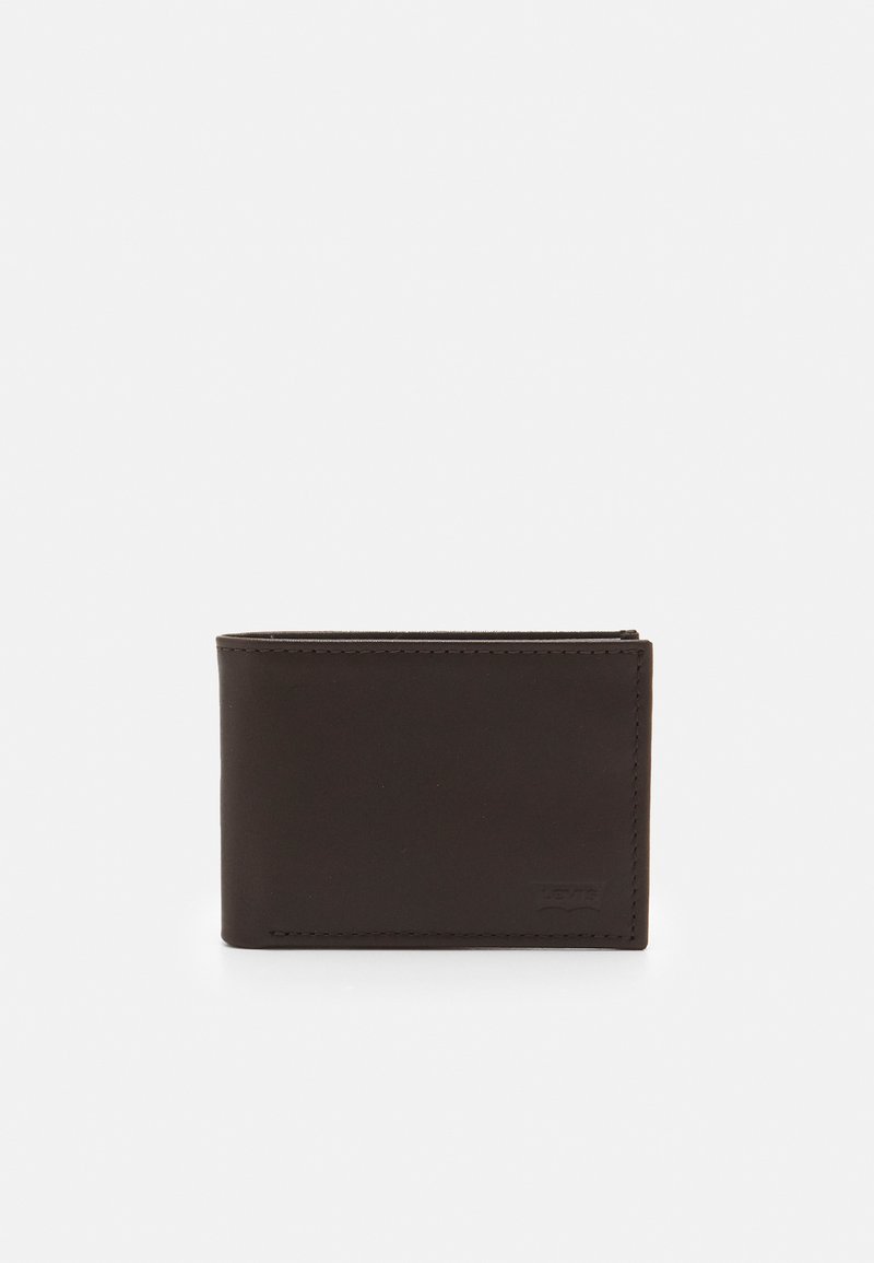 Brown leather wallet with sleek design, rectangular shape, minimal stitching, and embossed logo on the front. Smooth texture.