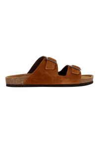 Bruine suède instapsandalen met twee verstelbare banden, kurken voetbed en rubberen zool. Plat ontwerp voor comfortabel draaggemak.