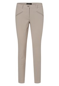 Beige, úzké kalhoty vyrobené z hladké, lehké tkaniny. Mají přední kapsy s ozdobnými zipy a standardní pás.