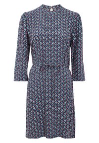 Gemustertes Kleid mit hohem Kragen, 3/4-Ärmeln, tailliertem Saum und floralen Motiven in Rot, Blau und Grün auf einem blauen Hintergrund.