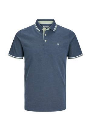 Polohemd in Marineblau, aus einem strukturierten Stoff mit einer Dreiknopf-Leiste und gestreiften Akzenten am Kragen und an den Ärmeln.