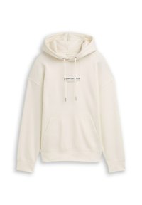 Hoodie couleur crème en tissu doux, avec une poche avant, une capuche avec cordon de serrage, et un petit imprimé graphique sur la poitrine.