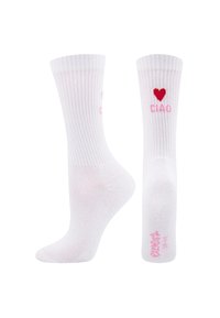Weiße Baumwollsocken mit geripptem Muster, die ein rotes Herz und "CIAO" in Pink am Bund zeigen. Einfarbig, einfaches Design.
