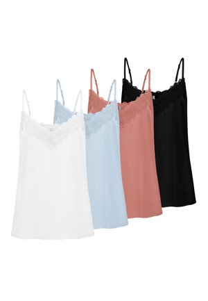 Vier ärmellose Spitzen-Camisole-Tops in Weiß, Hellblau, Rosa und Schwarz, nebeneinander aufgehängt.