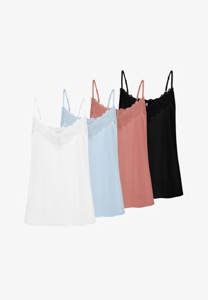 Four sleeveless lace-trimmed camisole tops in white, light blue, pink, and black, displayed hanging in a row.