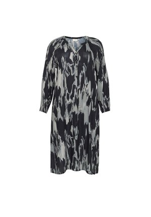 Black and gray patterned dress with a V-neck, long sleeves, and button detail. Made from a lightweight, flowy material.