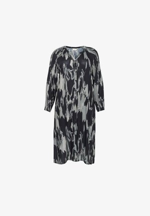 Robe à motifs noir et gris avec un col en V, des manches longues et des boutons. Fabriquée en matériau léger et fluide.