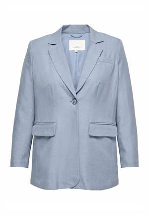 Blazer féminin bleu clair avec revers crantés, bouton unique à l'avant, deux poches à rabat et une poche poitrine, présenté sur fond blanc.