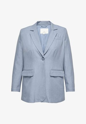 Gaiši zils sieviešu žakete ar izvērstiem atlokiem, vienu pogu priekšpusē, divām klapķieģeļu kabatām un vienu krūšu kabatu, attēlots uz balta fona.