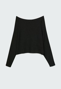 Haut court noir à épaules dénudées en tissu côtelé. Dispose de manches longues et larges ainsi que d'une coupe ample et décontractée.