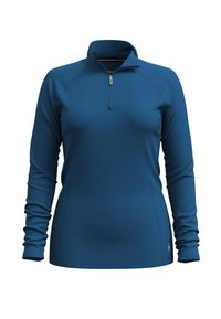 Long-sleeve, zip-neck pullover in deep blue, made of smooth material. Features a fitted design with subtle stitching details and roll-up sleeves.