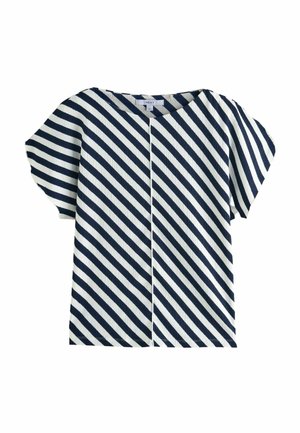 Randig kortärmad topp i marinblått och vitt, med diagonala ränder, rundad halsringning och en avslappnad passform. Lättviktsmaterial med struktur.