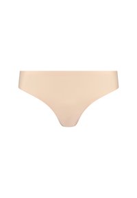 Perizoma senza cuciture nudo con una finitura liscia e copertura minima. Tessuto morbido e elasticizzato; nessuna cucitura visibile o dettagli in metallo.