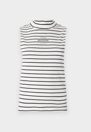 Top sin mangas en blanco con rayas horizontales negras. Presenta un cuello alto y un logo en el centro con "Tommy HILFIGER" y "Est. 1985."