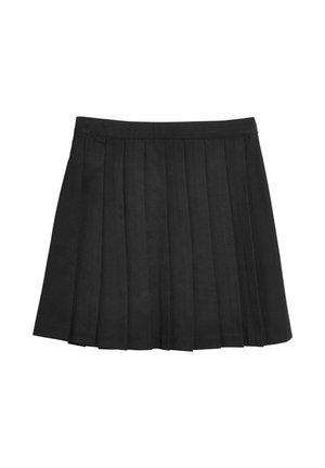 Falda negra plisada con una cinturilla lisa. La tela parece suave y estructurada, con pliegues verticales distintivos que aportan textura.