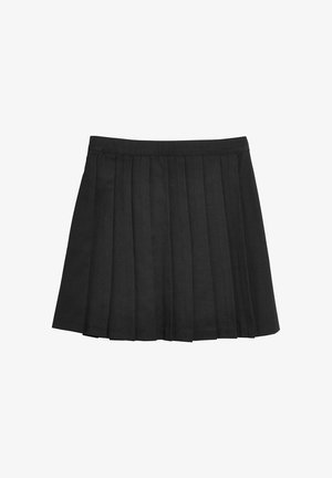 Schwarzer Faltenrock mit einem glatten Bund. Der Stoff wirkt weich und strukturiert und zeigt markante vertikale Falten für Textur.