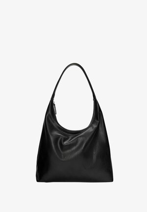 Schwarze Leder-Hobo-Tasche mit einer geschwungenen, weichen Form und einem einzelnen Schultergurt. Sie verfügt über einen Reißverschluss und eine glatte, glänzende Textur.