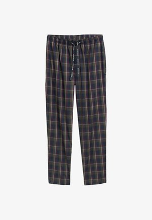 Tummansininen, vihreä ja burgundinvärinen ruudullinen pyjama-housut. Ominaisuuksiin kuuluu kuminauhavyötärö, jossa on nyöri, sekä sivutaskut. Pehmeä kangas.