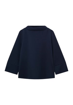 Navy blue long-sleeve top with a wide neck and dropped shoulders. Made from a smooth, textured material with folded cuffs.