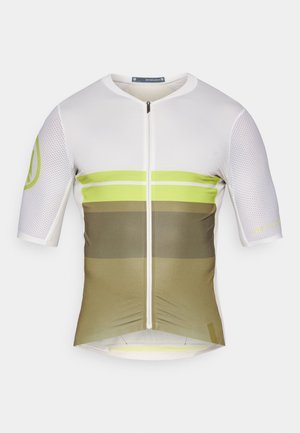 Short-sleeve cycling jersey with a front zip, white mesh panels, and striped green and brown gradient design. Features logo on sleeve.