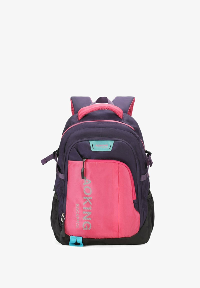 Paarse en roze stoffen rugzak met verstelbare schouderbanden, voorritszak, logo-detail en zwarte basis. Heeft een geventileerd mesh achterpaneel.