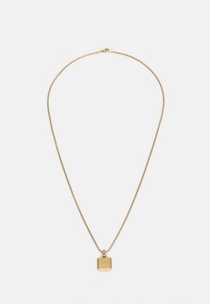 Gouden ketting met een vierkant hangertje, voorzien van een gladde textuur en een kleurrijke accent nabij de sluiting.