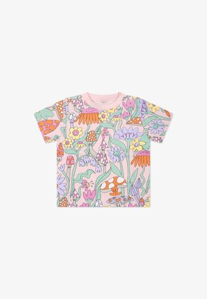 T-shirt in cotone rosa a maniche corte con un motivo floreale e di funghi colorato; presenta un collo rotondo e una texture leggera e liscia.