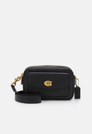 Schwarze Leder-Umhängetasche mit vorderer Klappentasche, goldenem Drehverschluss, Reißverschluss oben und verstellbarem Riemen mit goldfarbener Hardware.
