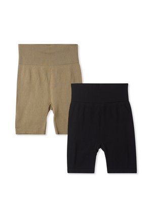 Dwie pary szortów z prążkowanej tkaniny: jedna w kolorze khaki z szerokim pasem, druga w kolorze czarnym. Obie mają długość do kolan i gładką fakturę.